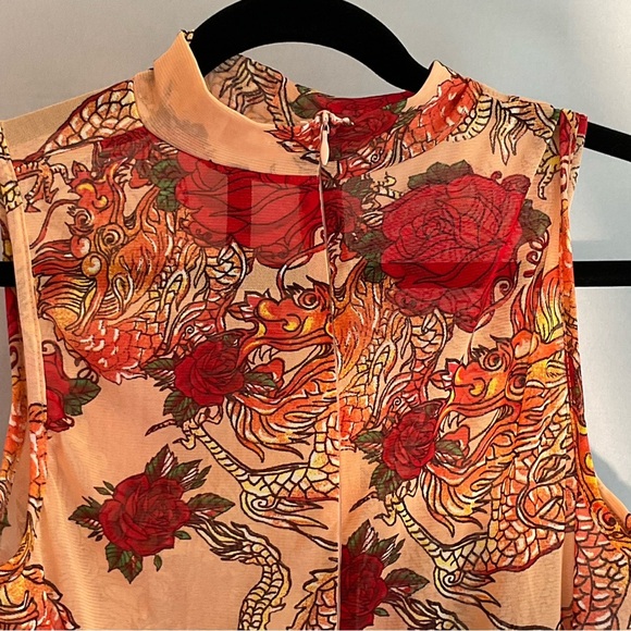 Queen Marie, 2XL, Mesh, Red Dragon/Flower, Jumpsuit, Cutouts, Zipper, Elastic - Picture 8 of 16